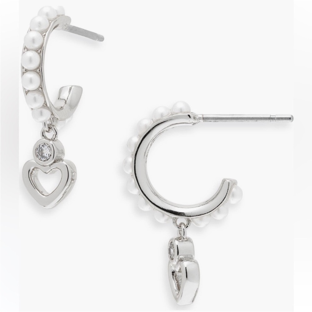 Kate Spade Saturday Imitation Pearl Huggie Hoop Earrings in Cream/Silver NWT
